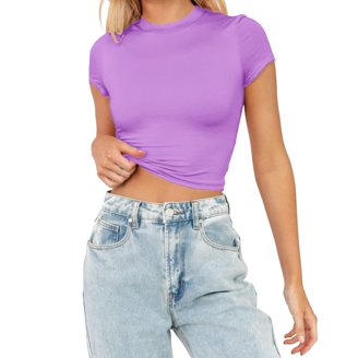 Yuccalley Women's Lace Short Sleeve Crop Top – Summer Casual Tee In Lavender XX-Large