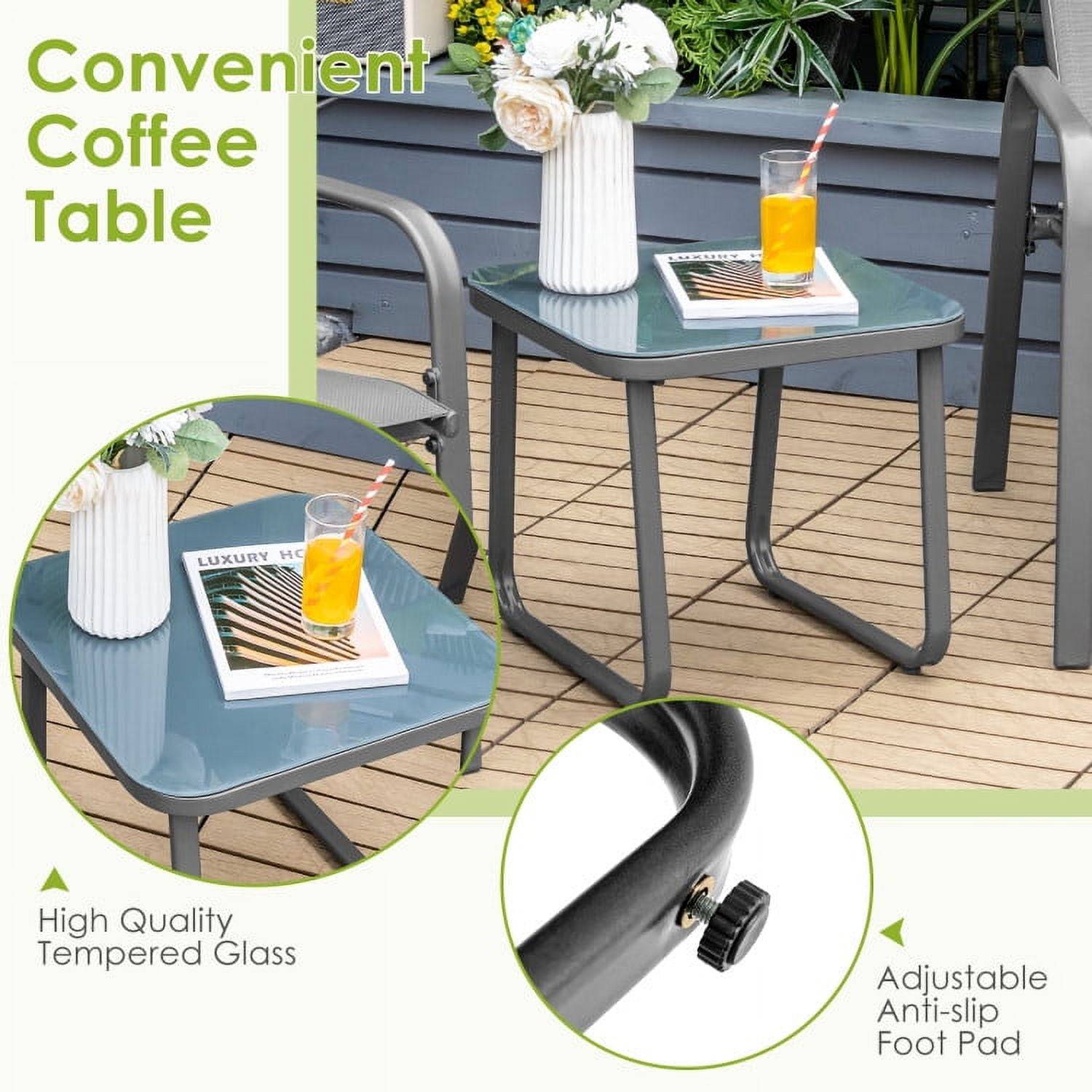 Aimee Lii 3 Pieces Outdoor Patio Furniture Set, Patio Bistro Furniture Set with Adjustable Backrest, Gray