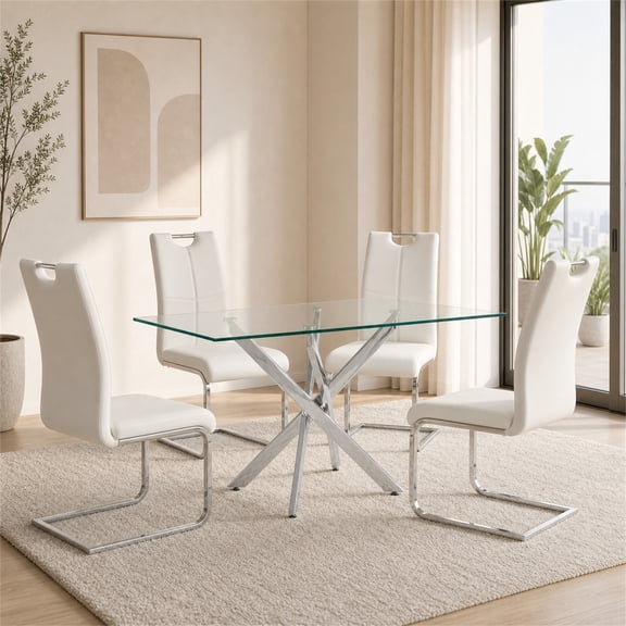 Sumdeal Modern 5-Piece Dining Set, 47.24-Inch Rectangular Tempered Glass Table with 4 White PU Leather High-Back Chairs, Silver Legs