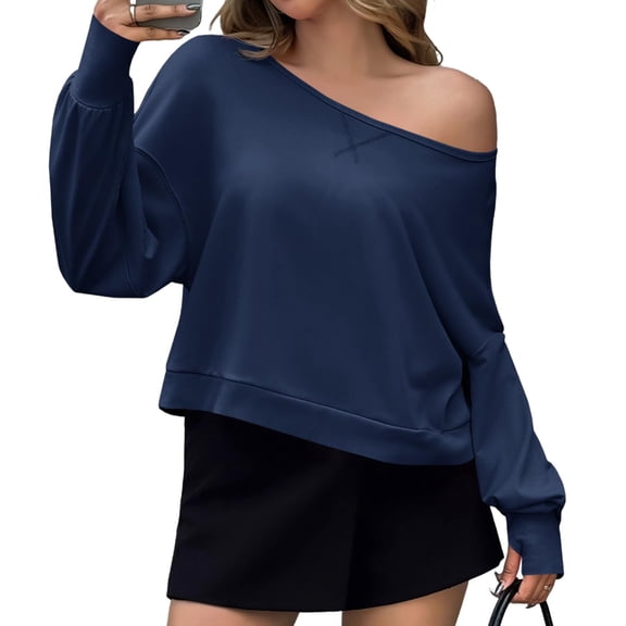 Solid Color Spring Fall Long Sleeve Off Shoulder Casual Crop Sweatshirt