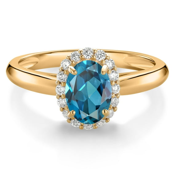 Gem Stone King 10K Yellow Gold London Blue Topaz and White Lab Grown Diamond Halo Engagement Ring for Women (1.13 Cttw, Gemstone November Birthstone, Oval 7X5MM, Size 6)