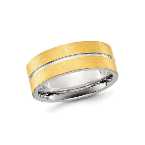 Mens Stainless Steel Brushed and Polished Yellow Plated Grooved Band Ring (8mm) for Men