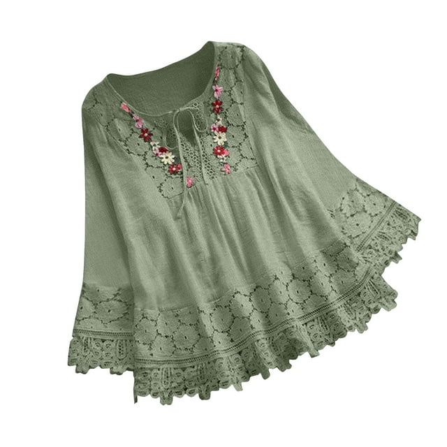Timegard Womens Tops Lace Round Neck Drawstring Ruffle Long Sleeve Blouse Fall Dressy Casual Loose Tops