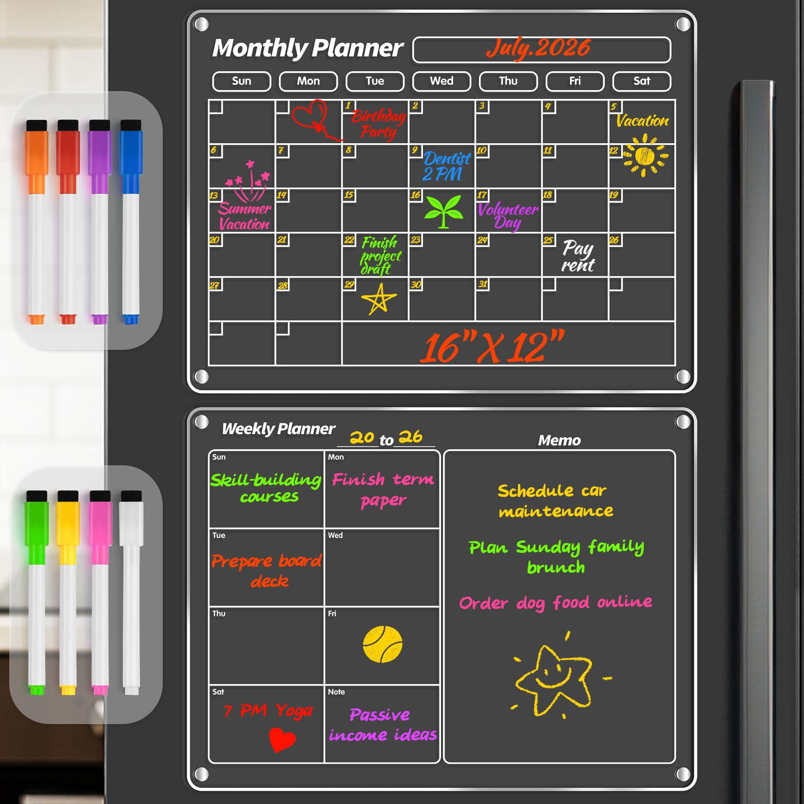 Dry Erase Magnetic Calendar For Fridge  16"x12" Refrigerator Clear Monthly And Weekly Meal Planner Chore Chart With 8 Colors Markers