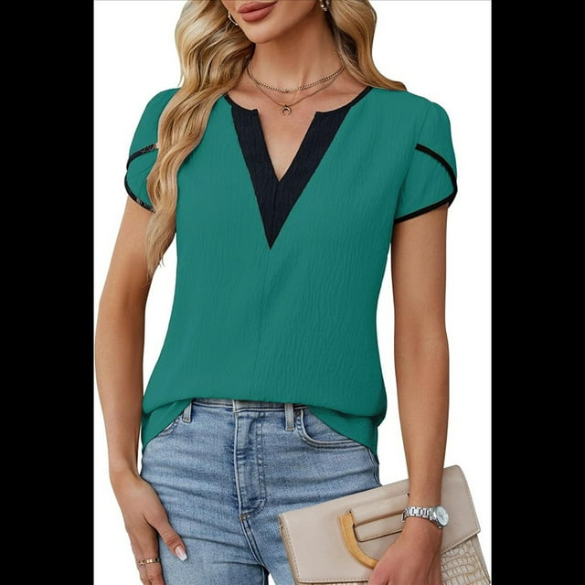 Camiseta de Corta con Cuello en V para Mujer, Verde Malaquita, Talla M
