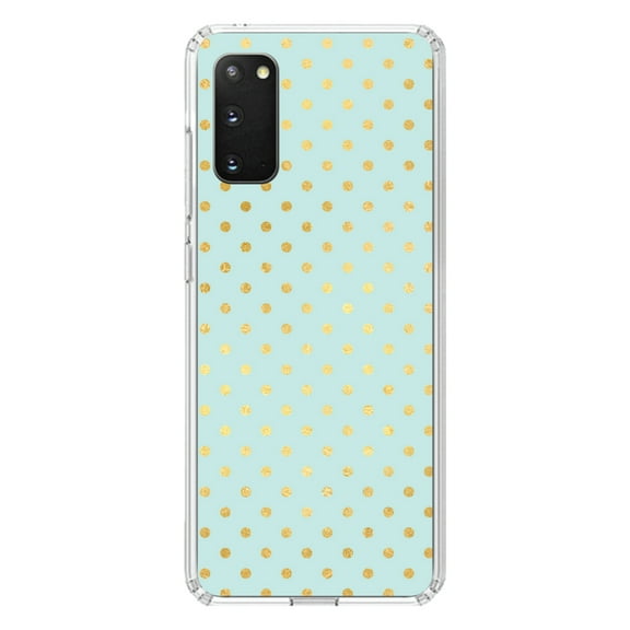 DistinctInk Clear Shockproof Hybrid Case for Galaxy S20 PLUS / 5G (6.7" Screen) - TPU Bumper, Acrylic Back, Tempered Glass Screen Protector - Teal & Gold Polka Dot Pattern