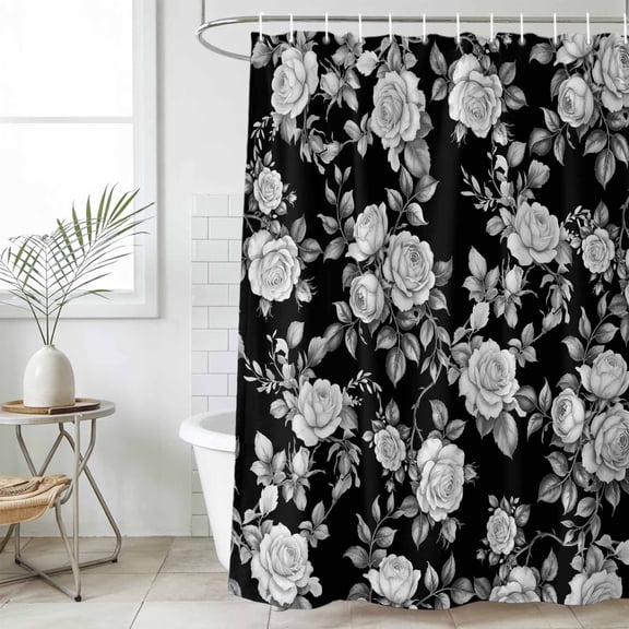 Black Rose Waterproof Fabric Shower Curtain,Vintage Pastoral Botanical Floral Leaves Vines Waterproof Fabric Shower Curtain for Bathroom Curtains Bathtubs Shower Curtains with 12 Hooks Stall 54x78in
