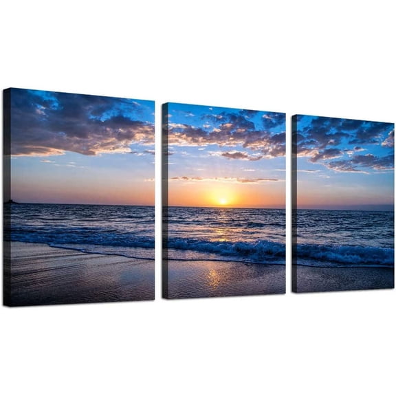 3 Piece Canvas Wall Art -Sunrise blue sea view Landscape - Modern Home Decor Room Stretched and Framed Ready to Hang - 12"x16"x3 Panels