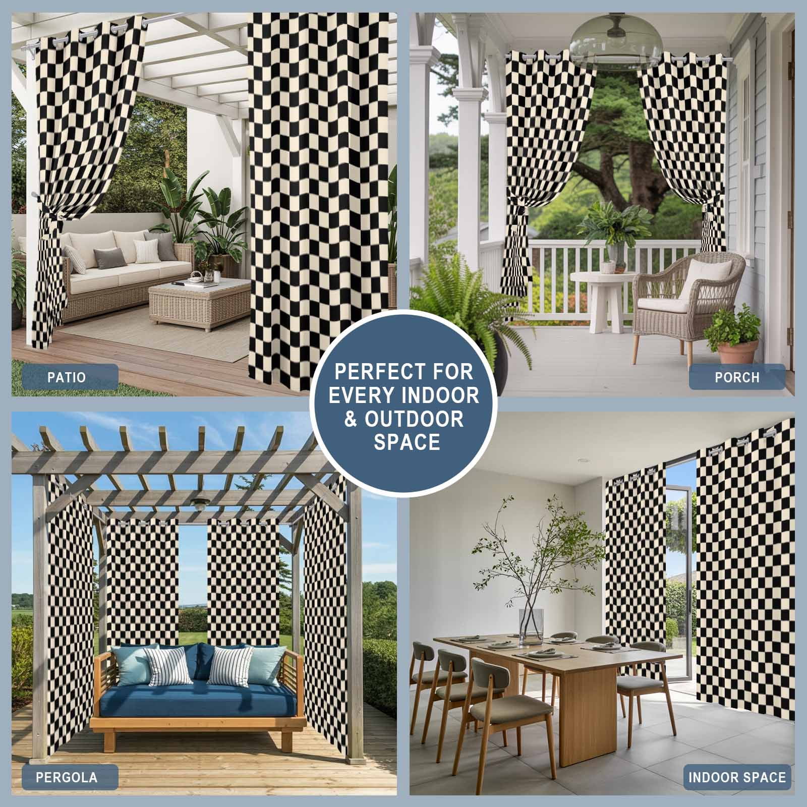 Black Beige Checkered Outdoor Curtains for Patio, Abstract Minimalist Plaid Sunshade Privacy Drapes Grommet Waterproof Outside Curtains for Porch/Cabana/Balcony 54"x 108", 1 Panel