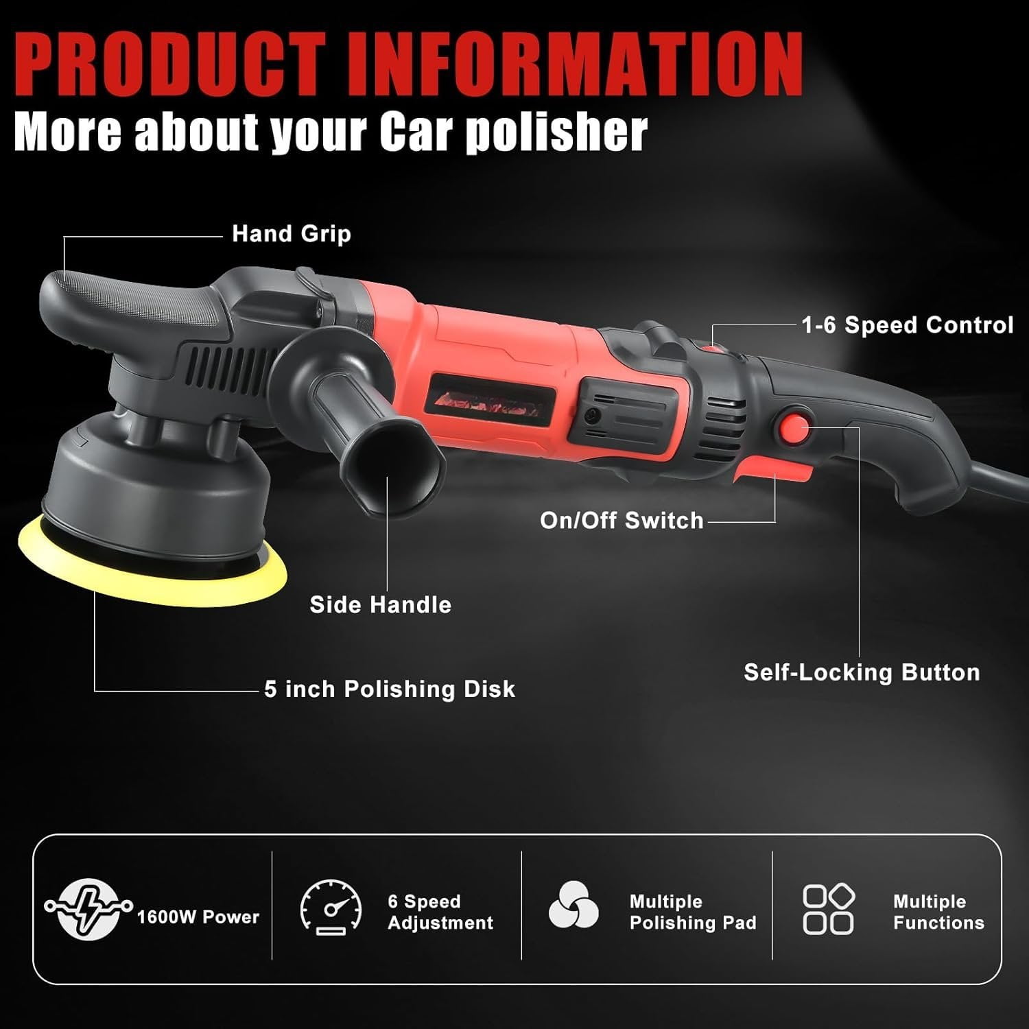 Buffer Polisher,5 inch Dual Action Polisher,Long Orbit 16mm Random Buffer Polisher kit with 6 Variable Speed 1000-5500rpm,Detachable Handle,7 Buffing Pads for  detailing Polishing and Waxing