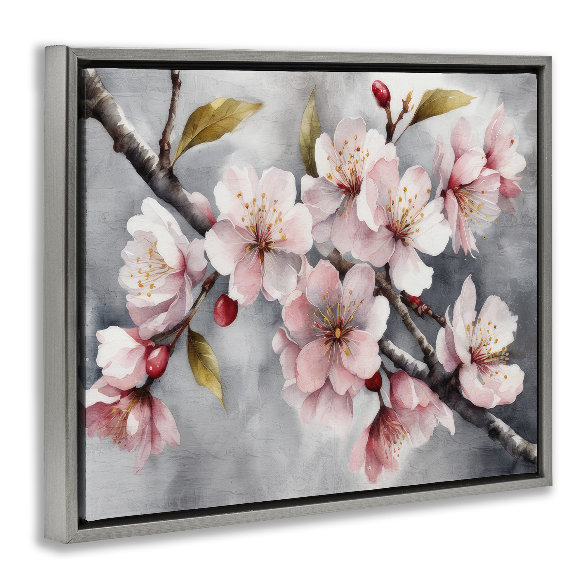 Stupell Industries Blossoms On Grey Botanical & Floral Painting Gray Floater Framed Art Print Wall Art, 31 x 25