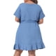 thumbnail image 4 of Women's Plus Size Denim Dress for Women Round Neck Roll Up Sleeve Ruffle Chambray Midi Dresses Light Blue 1X, 4 of 7