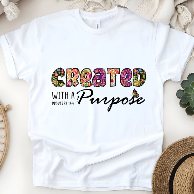 Created With A Purpose Christian T-Shirt | Proverbs 16:4 Scripture Tee, White, Size XL