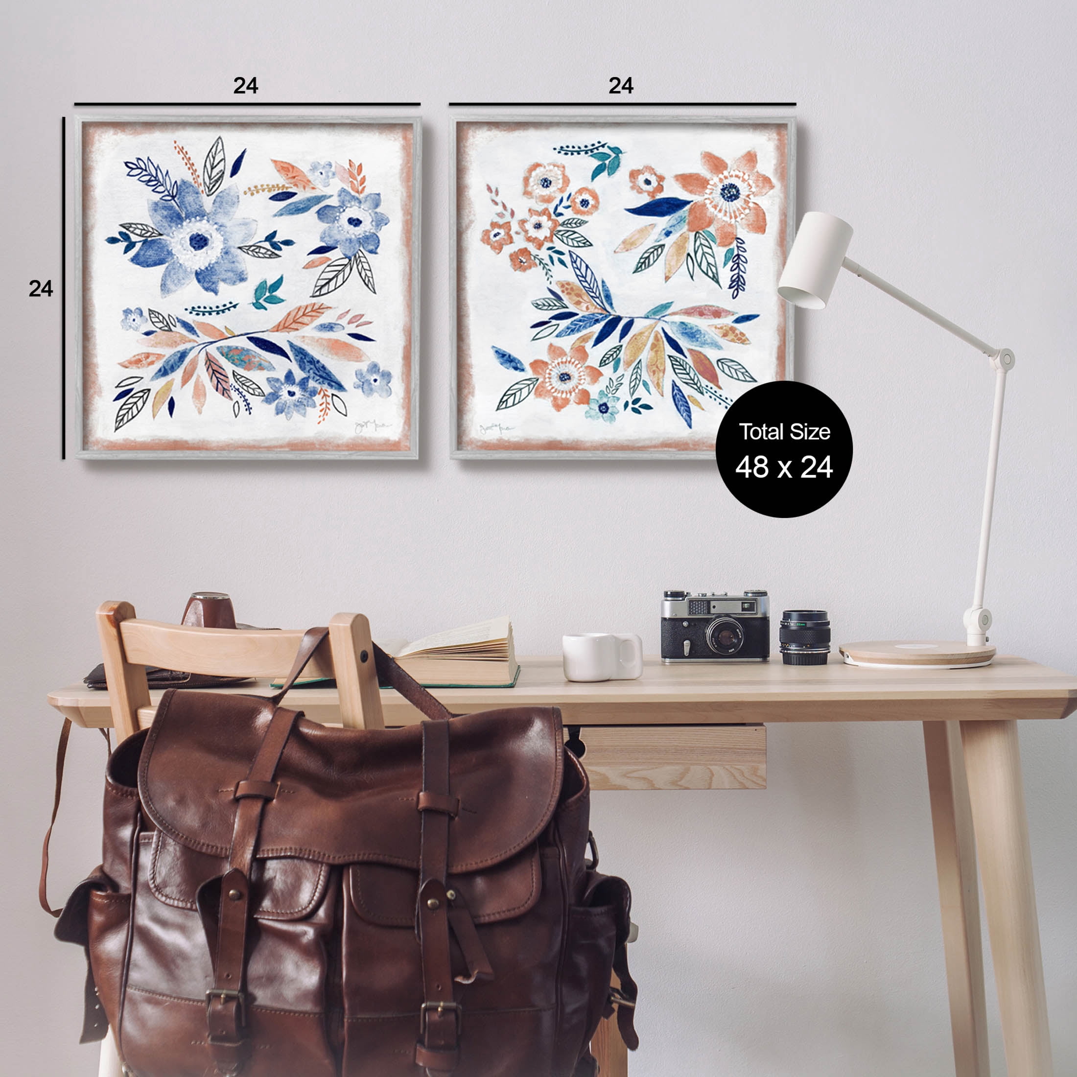 Abstract Farmhouse Flowers and Leaves Botanical & Floral Painting Gray Framed Art Print Wall Art, Set of 2