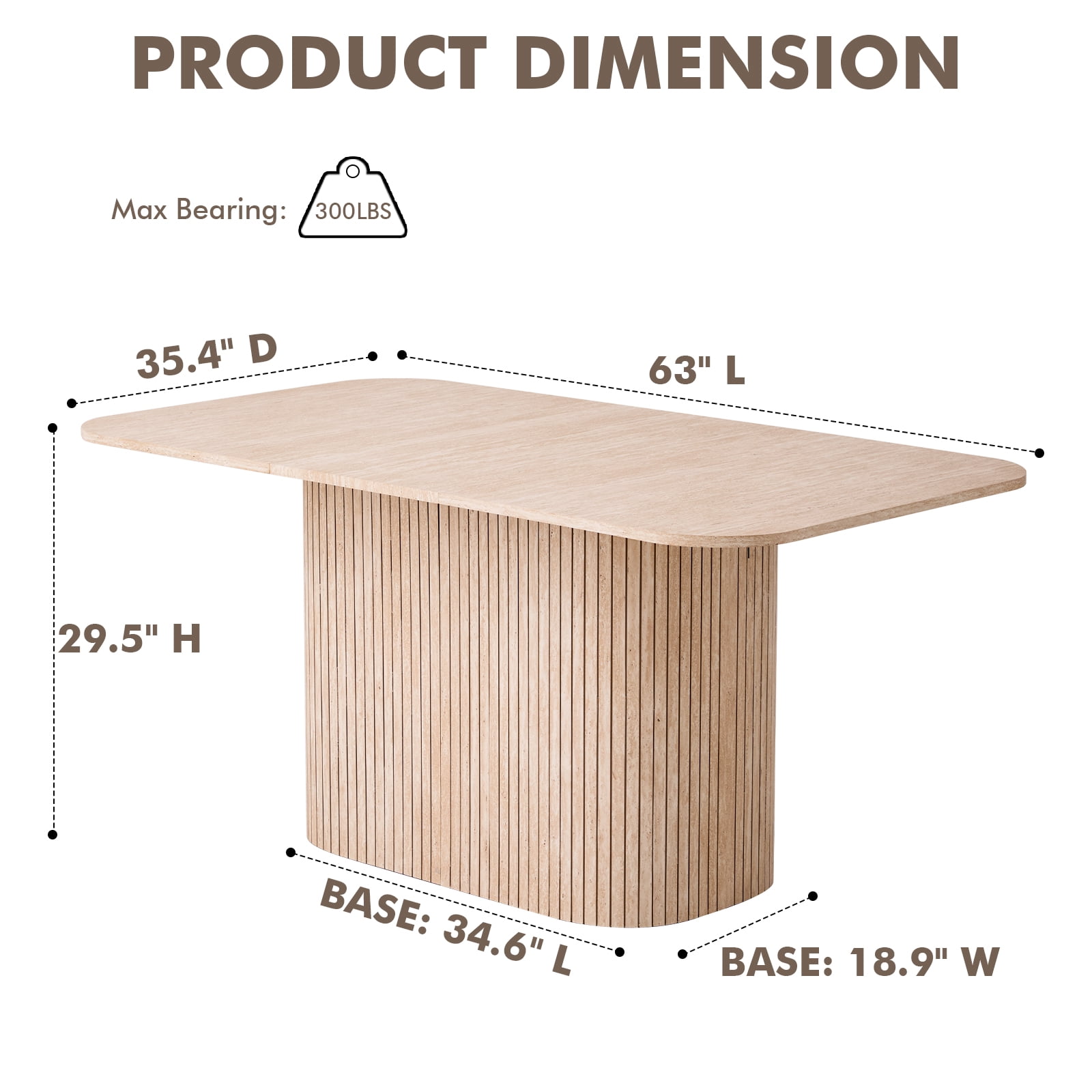 63" Dining Table for 4 Person, [Rounded Corners] [Striped Pedestal Base] Farmhouse Modern Rectangle Kitchen Dinner Table, Beige