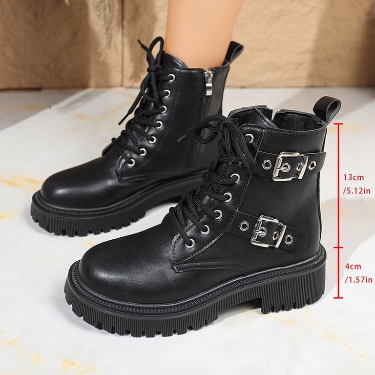 Women's Leather Boots with Side Zipper Fashion Buckle Straps