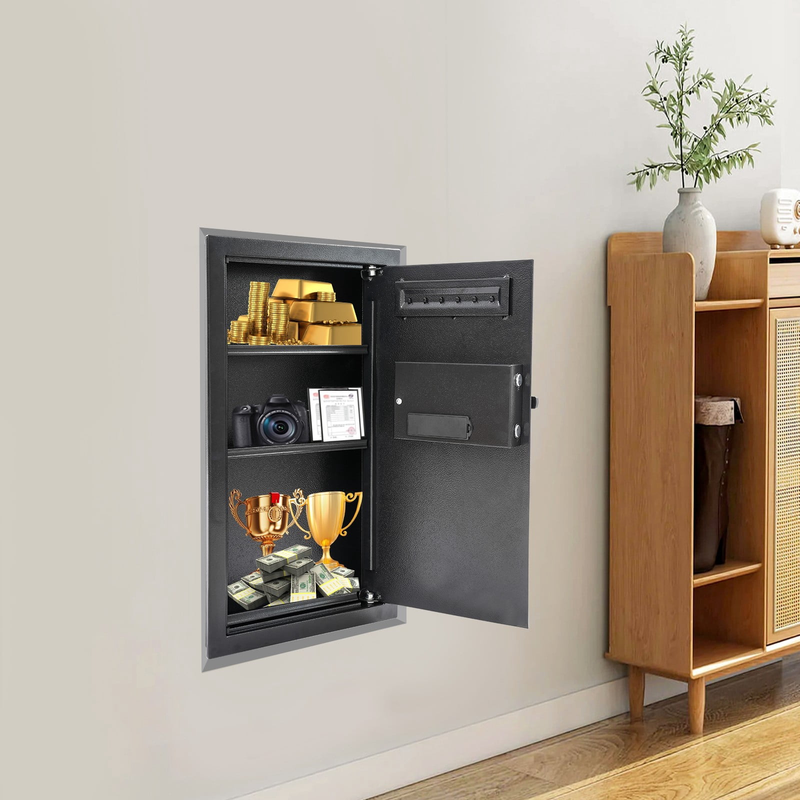 37*10*65cm Modern Wall Safe Steel Wall-mounted Safe w/ Keys, Hidden Wall Safe Black for Bedrooms, Studies