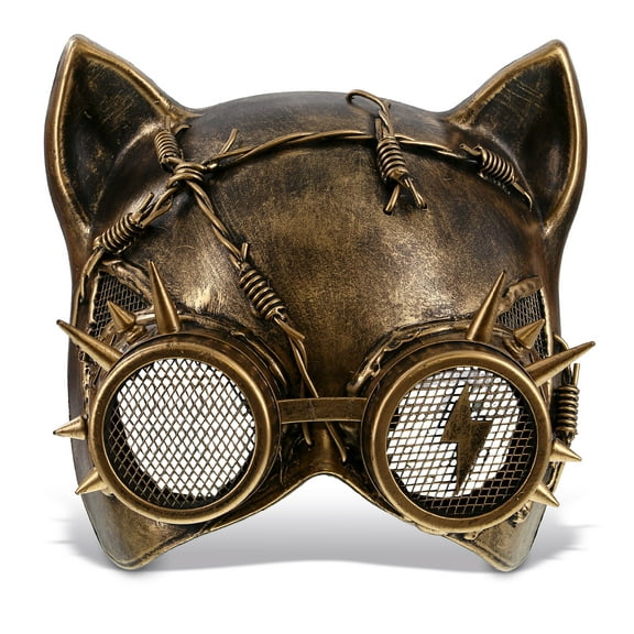 Attitude Studio Gold Steampunk Metallic Cat Mask Costume With Goggle Eye Wear