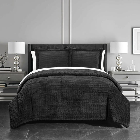 Chic Home Ryland Comforter Set Ribbed Textured Microplush Sherpa Bed In A Bag - Sheet Set Pillow Shams Included - 7-Piece - Queen 86x90", Black