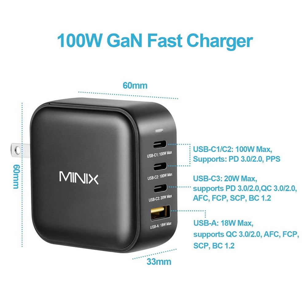 4-Port GaN Wall Charger – Next-Gen GaN Technology, Power Sharing, Portable Design & Multi-Protection Safety System MINIX P3
