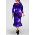 thumbnail image 2 of Plus Size Galaxy Print Cold-Shoulder Mermaid Midi Dress, V-Neck 3/4 Sleeve Ruffle Hem Bodycon Party Dress, 2 of 3