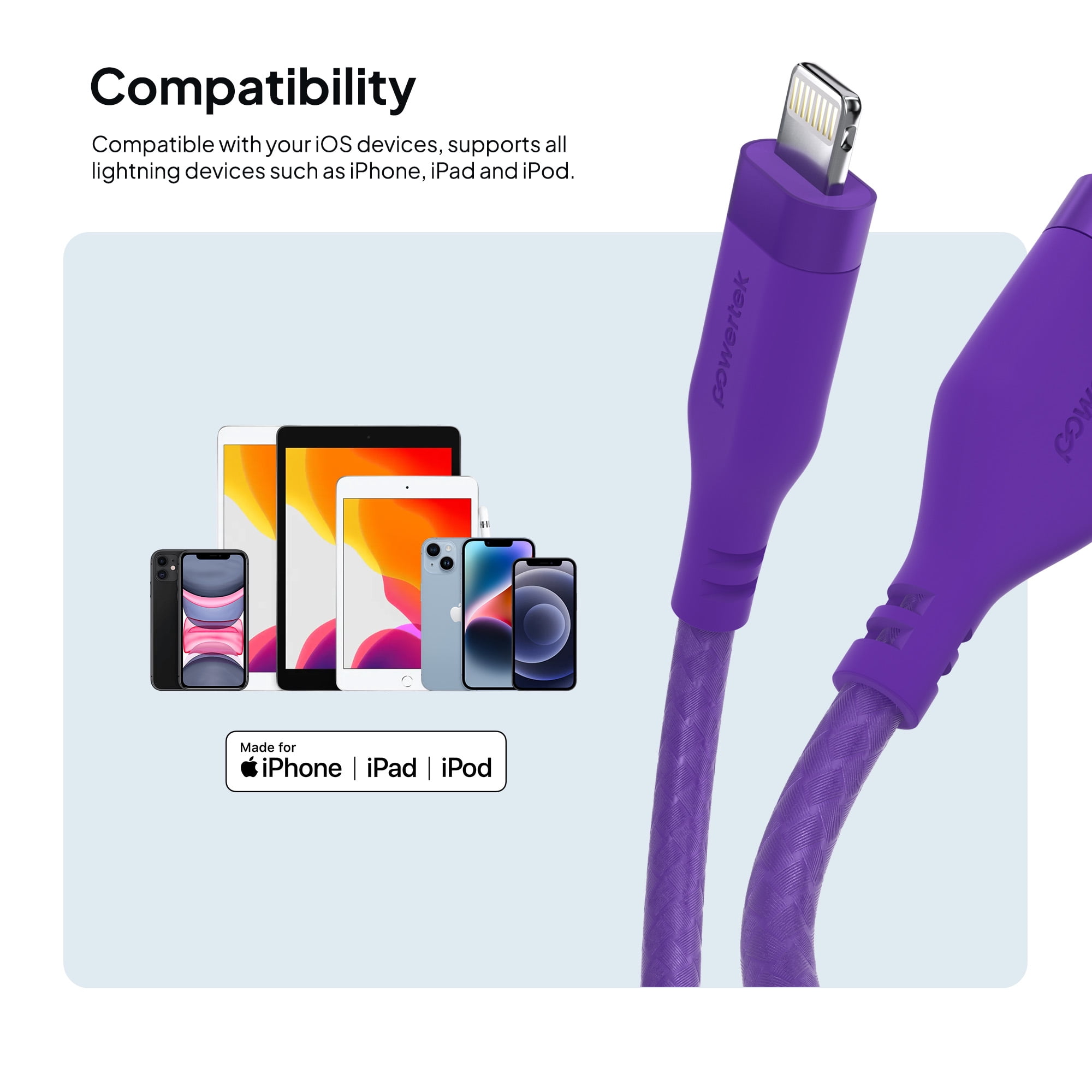 Powertek MFi Certified USB-A to Lightning Charging Cable, Carbon Design Texture, 6 ft, Purple