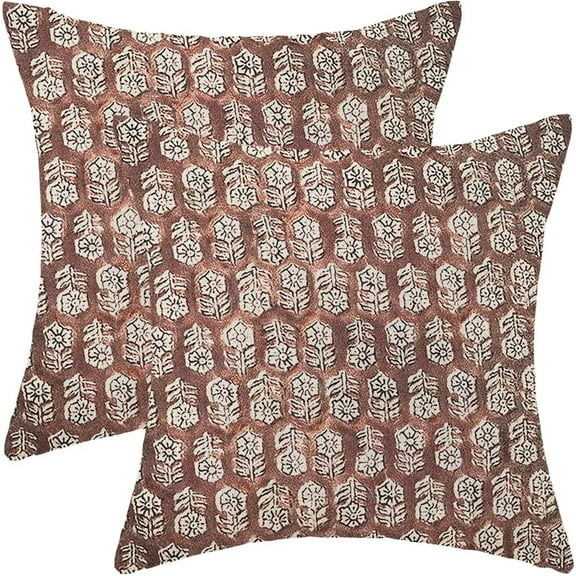 Block Print Floral Pillow Covers 18x18 Set of 2, Brown Neutral Decorative Throw Pillow Covers Floral Print Farmhouse Outdoor Linen Cushion Cover for Sofa Couch Living Room Bed Decor