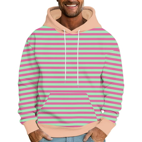Pullover Hoodie Men Cozy Fleece Casual Trendy Striped Sweatshirts Front Pocket Long Sleeve Hooded Winter Tops (XL, Green 09)