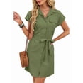 thumbnail image 3 of Women'S Solid Color Casual Button Down Tie Waist Woven Dress Midi Shift Summer Dress Green S, 3 of 9