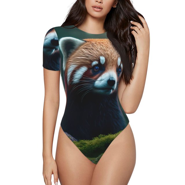 Balery Forest Plant Raccoon Body de cuello redondo de manga corta para mujer Tops de manga corta Tops básicos-X-Large
