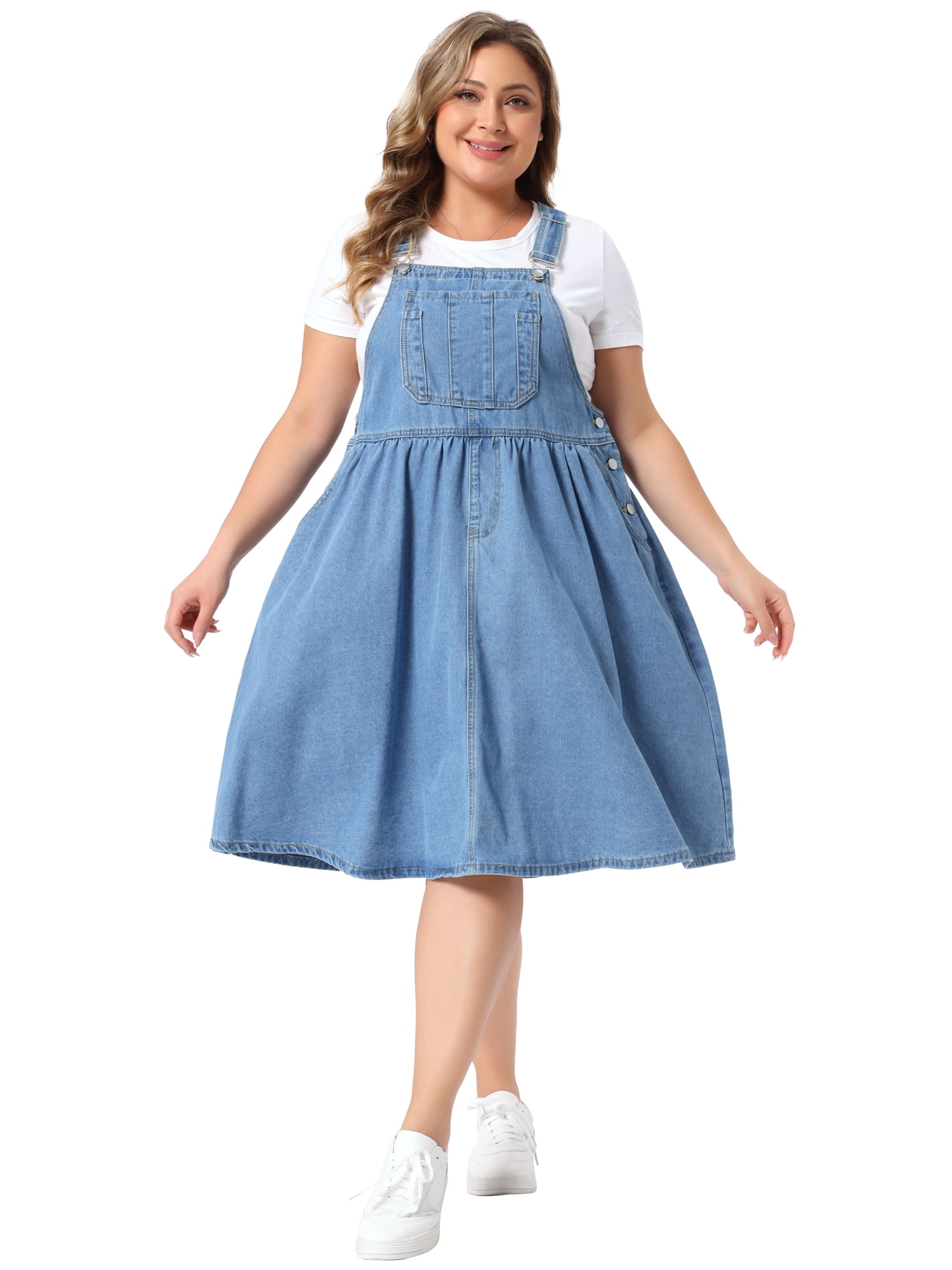 DARING DIVA Women's Plus Denim Overalls Jumper Jean Midi Dress 3X Light Blue