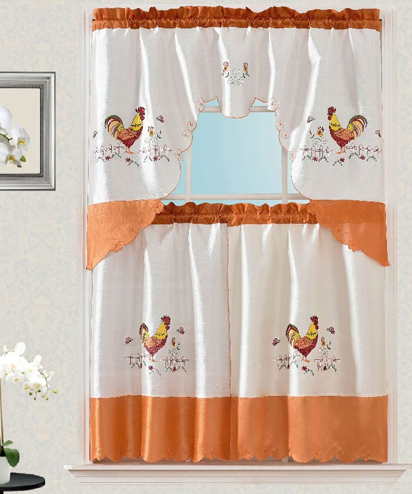 Ti Rooster Design Kitchen Curtain with Swag and Tier Set 36 inch Orange