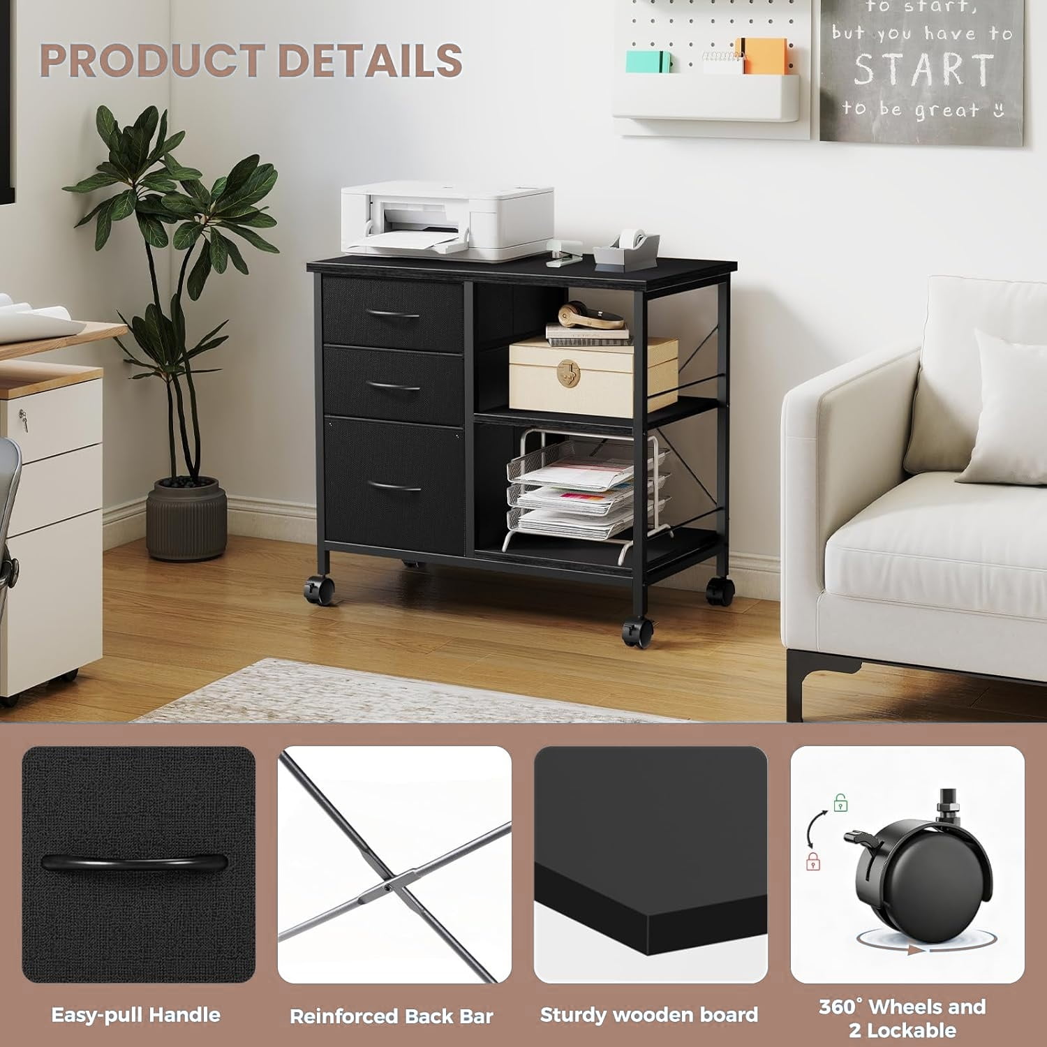 3-Tier Mobile File Cabinet, Rolling Printer Stand with Storage and Back Support Bar, 3 Drawer Lateral File Cabinet Holds 110lbs, for Home Office in Rustic Black