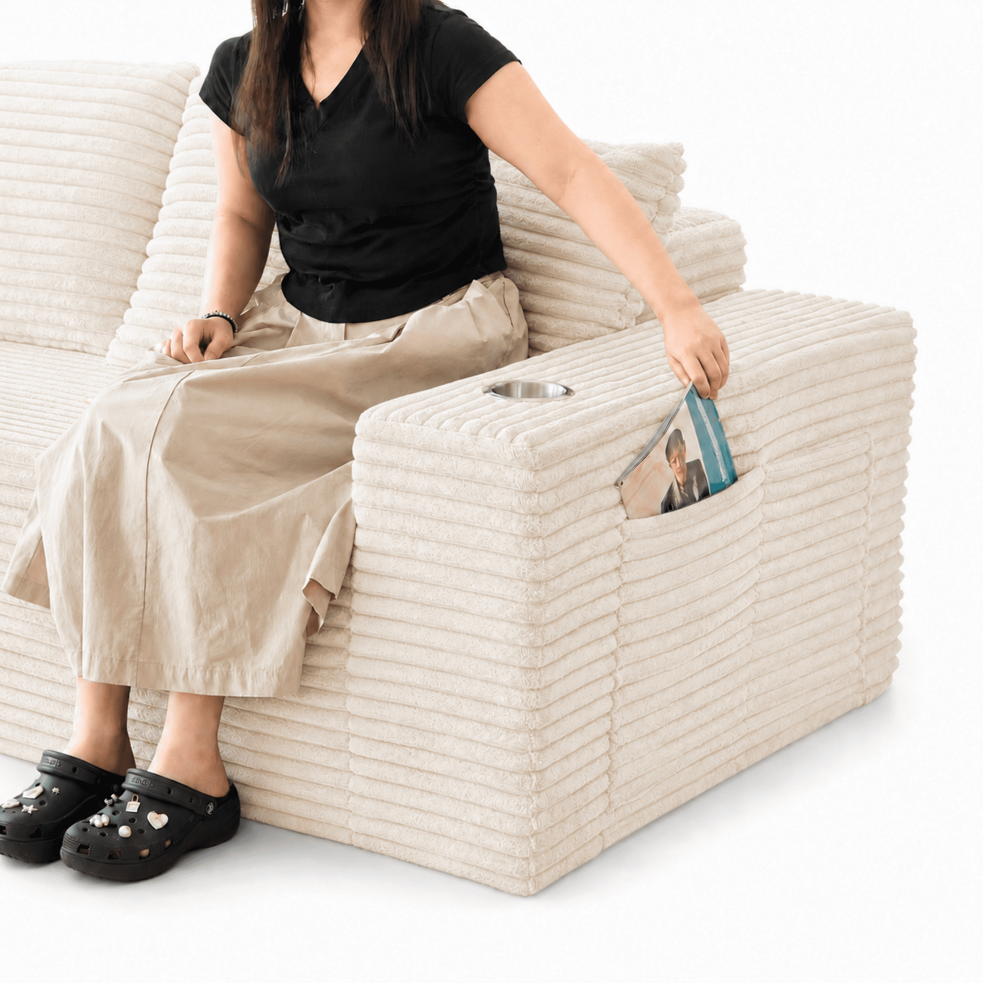 Leumius 2-in-1 Convertible Sofa Bed,Boneless Corduroy Modular Sleeper Couch with Cup Holders & Side Storage Pockets,Oversized Deep Seat Sofa for Living Room, Apartment, Guest Room,Cream