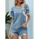 thumbnail image 5 of Blusas Verano para Mujer con Mangas Pétalos, Camisetas Encaje Crochet con Cuello Redondo, Camisetas Casuales Holgadas Color Sólido, Camisetas Básicas Tipo Túnica. Azul Gris M, 5 of 10