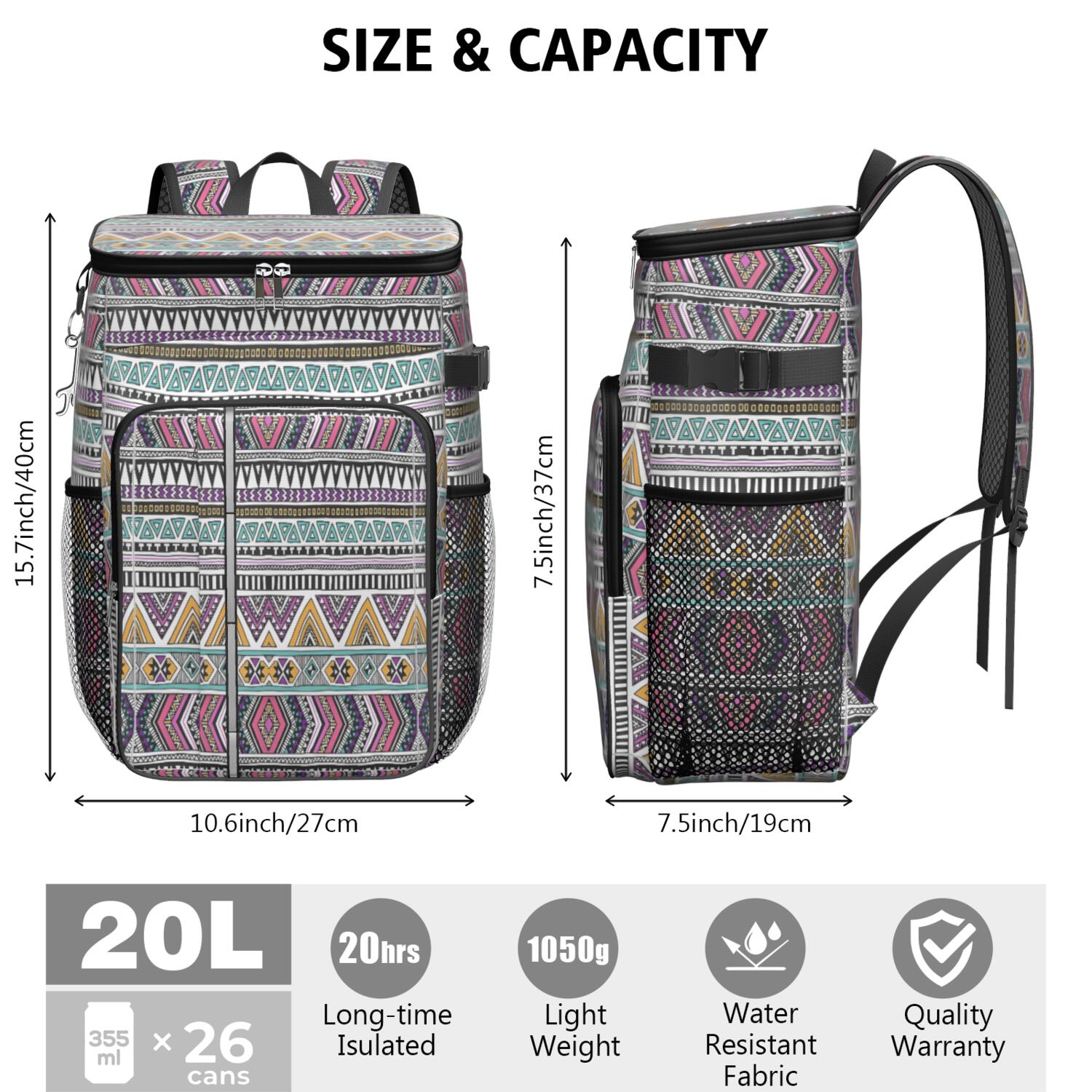 Travel Cooler Bag - Boho Bohemia Pioneer Flower Geometric Line Art Camping Beer Cooler Backpack with Bottle Opener- Waterproof Insulated Picnic Backpacks - Cooler Bag for Beach