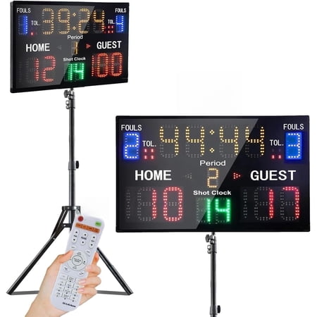 Battery Powered Basketball Scoreboard with Shot Clock Digital Scoreboard with Remote Electronic Scoreboard with Timer Clock Digital Score Keeper Outdoor Tripod Included