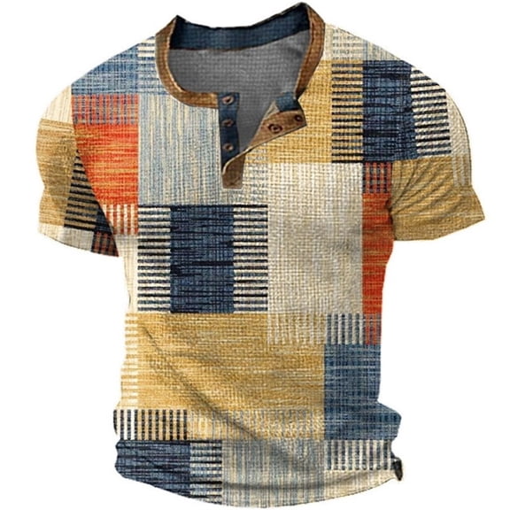 FINALGANG Mens Short Sleeve Henley Shirt With Patchwork Plaid Pattern Color Block Contrast Trim Collar Loose Fit Tees For Casual Daily Wear Yellow M