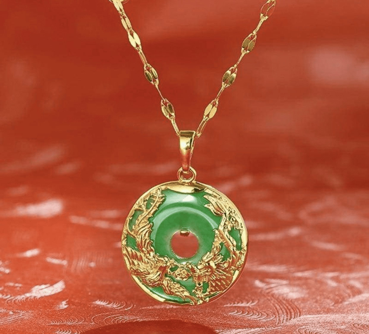 AUSPICOUS DRAGON & PHOENIX JADE GOLD NECKLACE