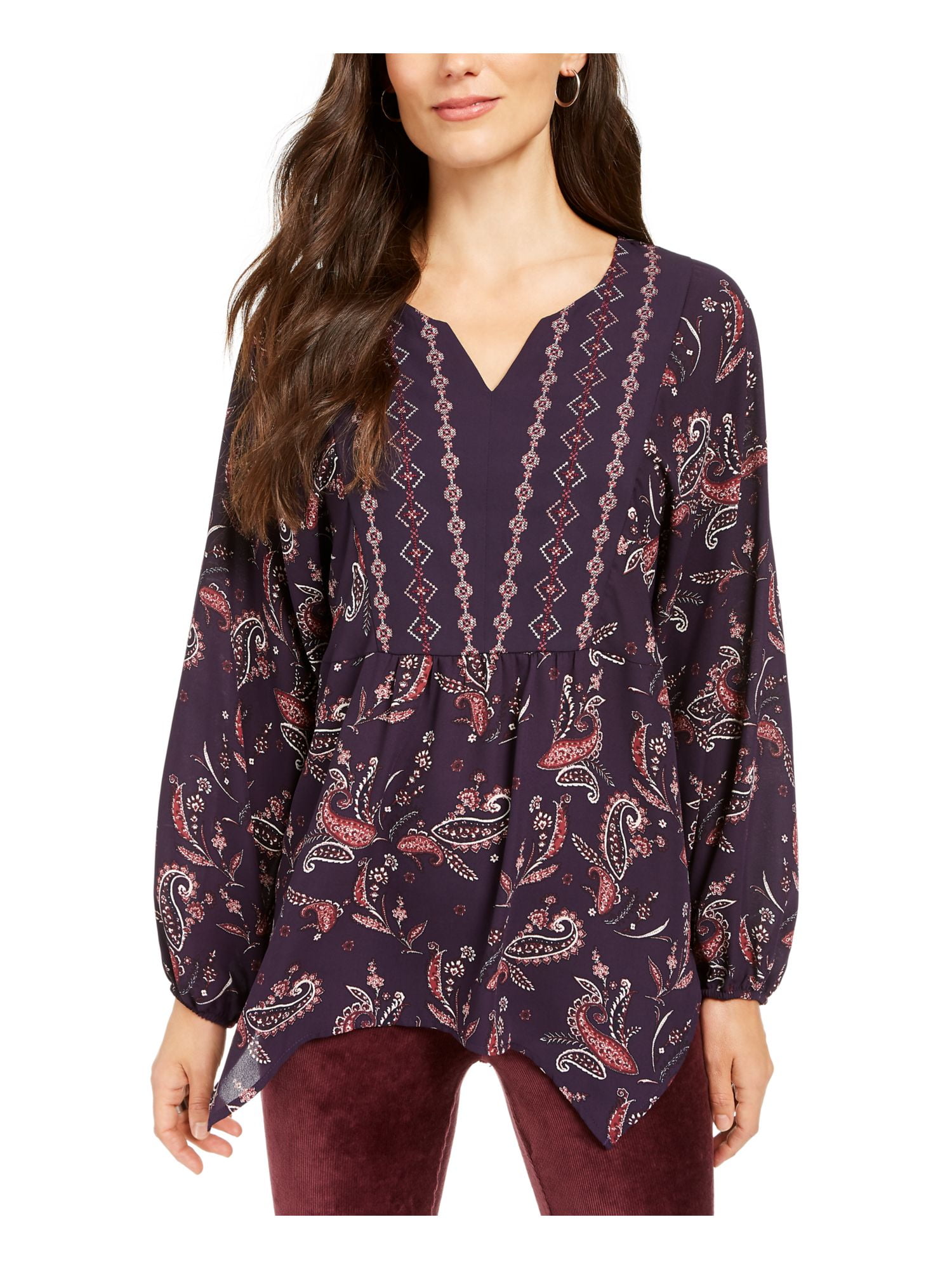 Style & Co. STYLE & COMPANY Womens Navy Patterned Long Sleeve V Neck