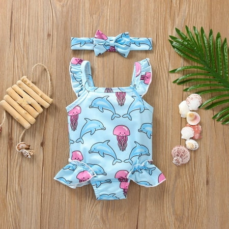

CHGBMOK Summer Infant Girls Swimsuit Sleeveless Beach Print Marine Animal Swimwear Headband