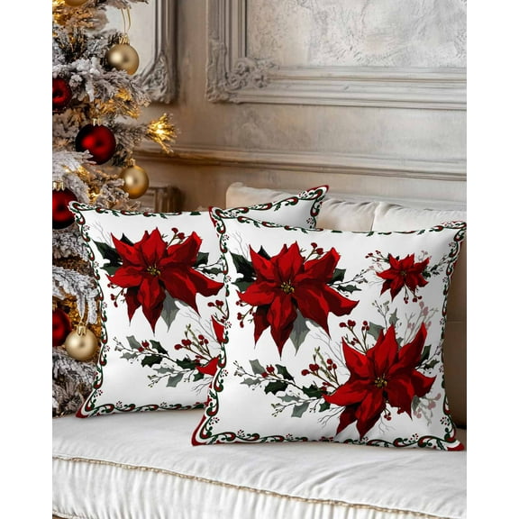 Christmas Decorative Throw Pillow Covers 20x20 Inch Set of 2 Red Poinsettia Pillow Cases for Couch, Christmas Berry Cushion Case for Living Room Bedroom Bed Car Chair