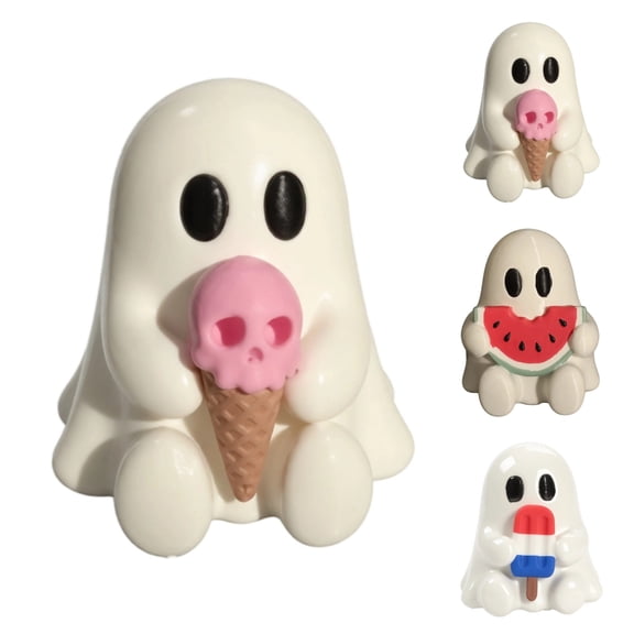 Cute Ghost Figurine with Skull Ice Cream Cone, Resin Spooky Ghost Statue Halloween Tabletop Decor, Mini White Ghost Sculpture for Home Office Shelf Mantel House Party Ornament Fall Gothic Gift,1 Pcs