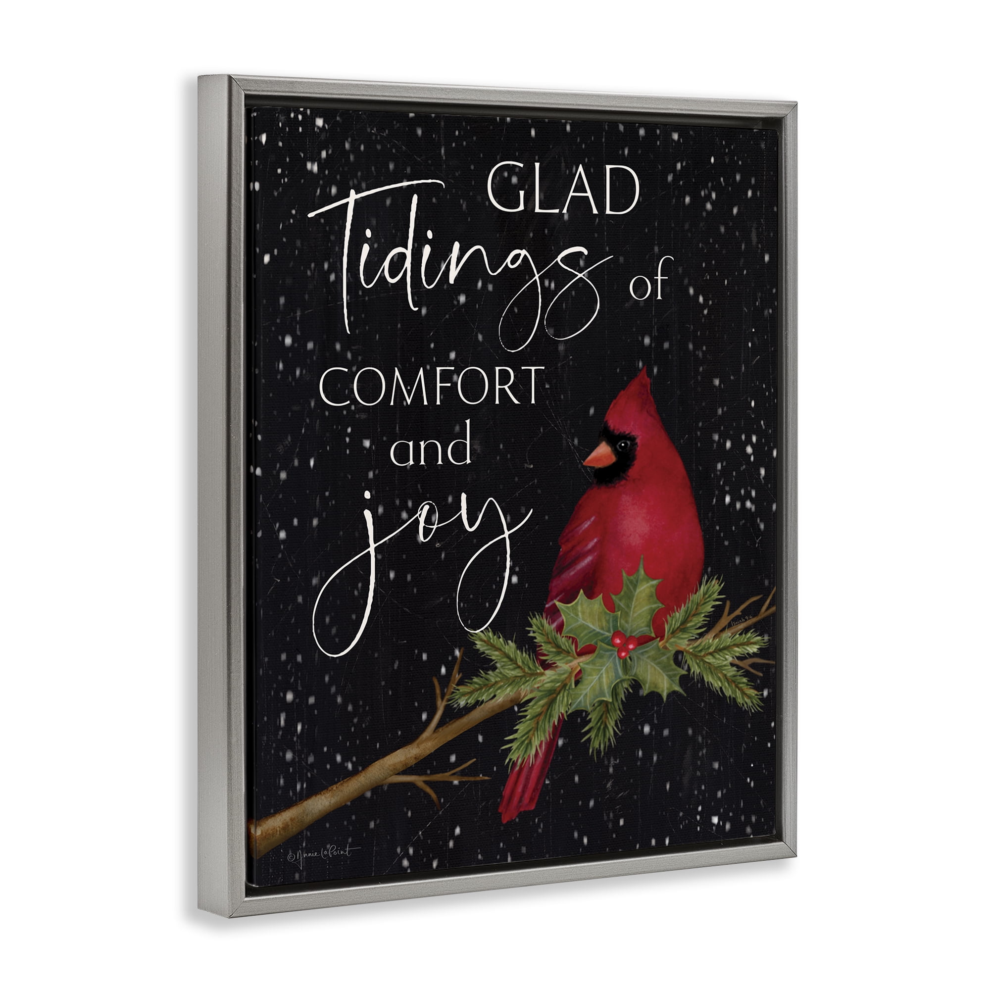 Stupell Industries Comfort & Joy Cardinal Holiday Painting Gray Floater Framed Canvas Art Prints Wall Art, 17 x 21