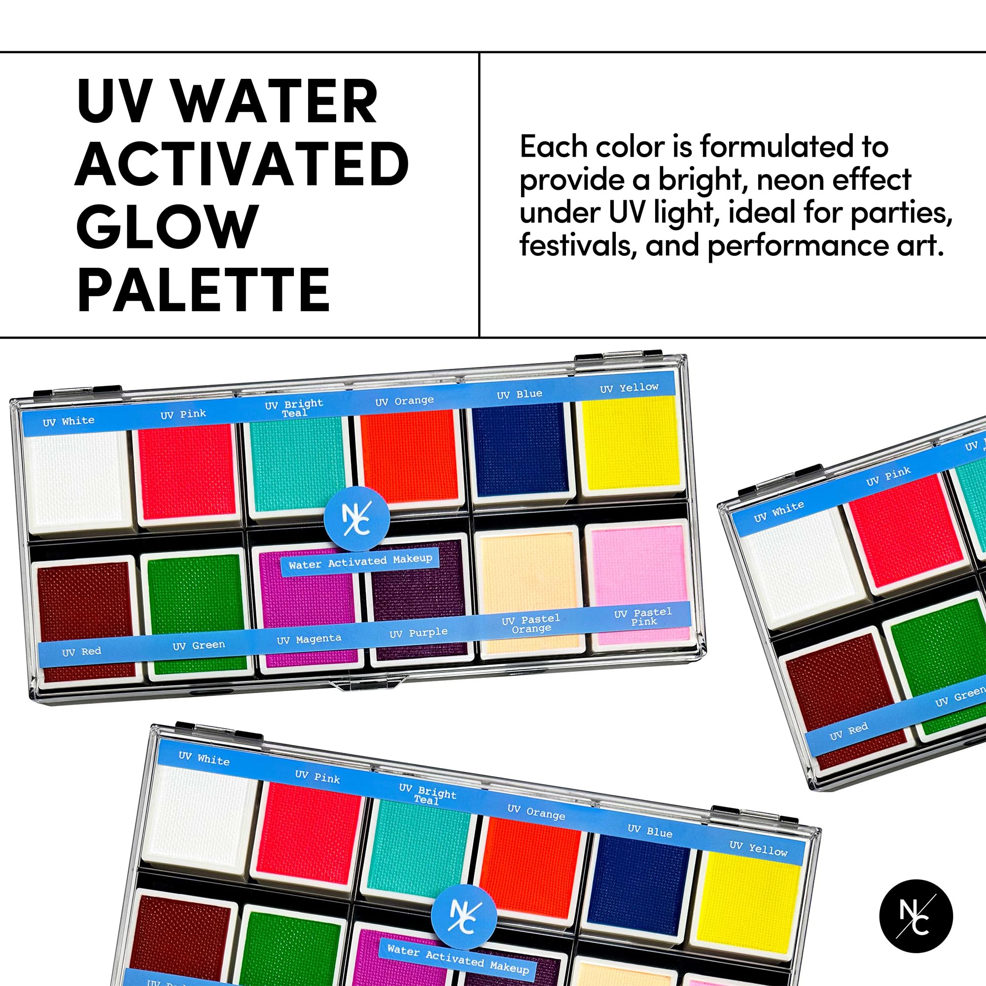 Narrative Cosmetics UV 12-Color Palette - Water-Activated Neon Glow Makeup for Face & Body - Fluorescent Shades for SFX, Party Makeup, Cosplay & Theatrical Performances