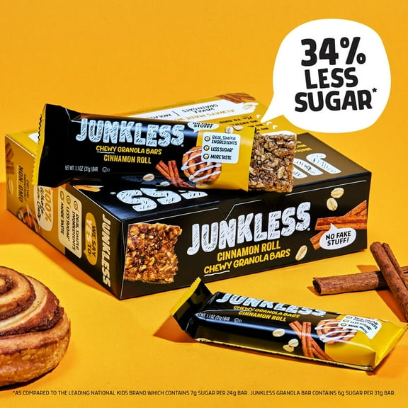 JUNKLESS Chewy Cinnamon Roll Granola Snack Bars, 1.1 oz, 8 Count