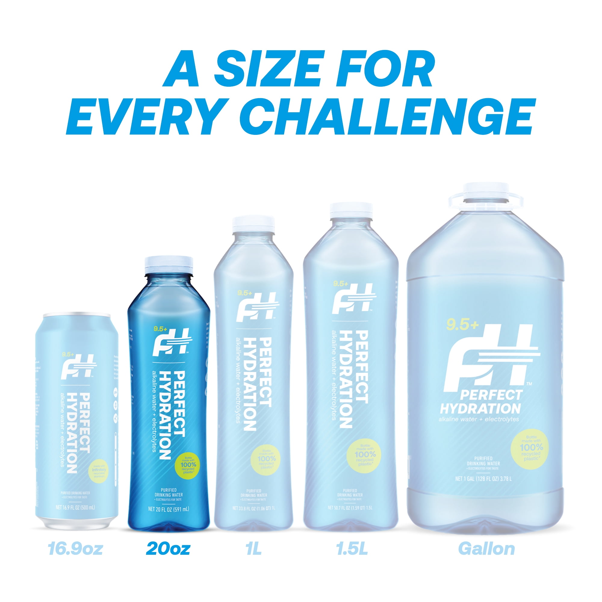 Perfect Hydration 9.5 pH Alkaline Water, Electrolytes for Taste, Bottles Made with 100% Recycled Plastic, 20 Fl Oz, Case of 24 Bottles, 3 Cases