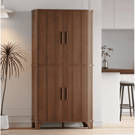 Easoger 69" Tall Kitchen Pantry Storage Cabinet with Sliding Door, Modern Curved Edge Pantry Cabinet with 5 Shelves for Dining Room, Walnut