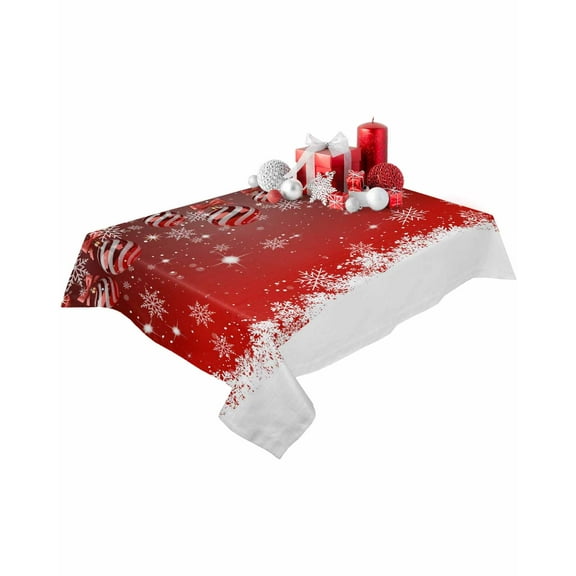 Rectangle Tablecloth 60 x 102 Inches Red Christmas Balls Snowflakes Pattern Waterproof & Stain Resistance Table Cloth Decorative Fabric Table Cover for Dinning/Party/Buffet/Banquet