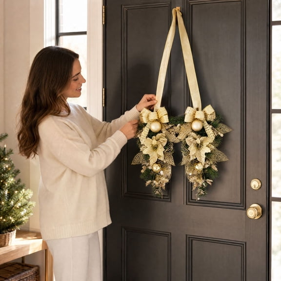 Christmas Double Hanging Door Wreath with Red Gold Bow, Artificial Branches Berries Ornament for Front Door Wall Fireplace Holiday Home Decor